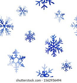 Winter christmas seamless pattern with artistic blue snowflakes. Vector set. Can be used for printed materials, prints, posters, cards, wallpaper. Holiday background. Hand drawn decorative elements. 
