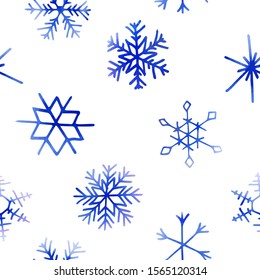 Winter christmas seamless pattern with artistic blue snowflakes. Vector set. Can be used for printed materials, prints, posters, cards, wallpaper. Holiday background. Hand drawn decorative elements. 