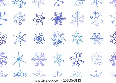 Winter christmas seamless pattern with artistic blue snowflakes. Vector set. Can be used for printed materials, prints, posters, cards, wallpaper. Holiday background. Hand drawn decorative elements. 