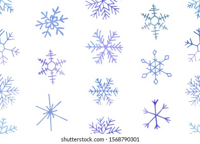 Winter christmas seamless pattern with artistic blue snowflakes. Vector set. Can be used for printed materials, prints, posters, cards, wallpaper. Holiday background. Hand drawn decorative elements. 