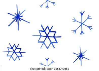 Winter christmas seamless pattern with artistic blue snowflakes. Vector set. Can be used for printed materials, prints, posters, cards, wallpaper. Holiday background. Hand drawn decorative elements. 