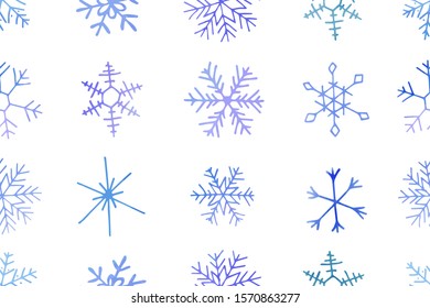 Winter christmas seamless pattern with artistic blue snowflakes. Vector set. Can be used for printed materials, prints, posters, cards, wallpaper. Holiday background. Hand drawn decorative elements. 