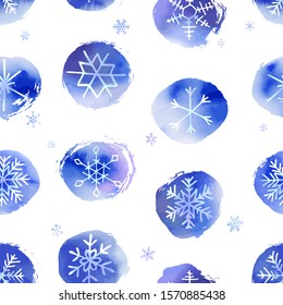 Winter christmas seamless pattern with artistic snowflakes and blue snowballs. Vector set. For printed materials, prints, posters, cards, wallpaper. Holiday background. Hand drawn decorative elements.