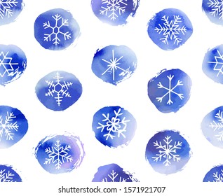 Winter christmas seamless pattern with artistic snowflakes and blue snowballs. Vector set. For printed materials, prints, posters, cards, wallpaper. Holiday background. Hand drawn decorative elements.