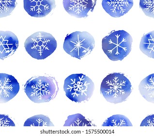 Winter christmas seamless pattern with artistic snowflakes and blue snowballs. Vector set. For printed materials, prints, posters, cards, wallpaper. Holiday background. Hand drawn decorative elements.