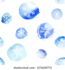 Winter christmas seamless pattern with artistic snowflakes and blue snowballs. Vector set. For printed materials, prints, posters, cards, wallpaper. Holiday background. Hand drawn decorative elements.