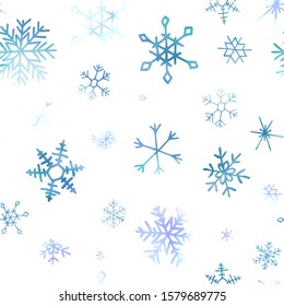 Winter christmas seamless pattern with artistic blue snowflakes. Vector set. Can be used for printed materials, prints, posters, cards, wallpaper. Holiday background. Hand drawn decorative elements. 