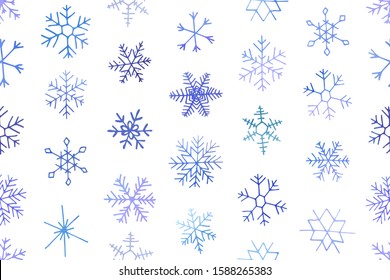 Winter christmas seamless pattern with artistic blue snowflakes. Vector set. Can be used for printed materials, prints, posters, cards, wallpaper. Holiday background. Hand drawn decorative elements. 