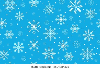 Winter, Christmas seamless pattern with beautiful white snowflakes on blue background. Winter holidays concept.	