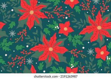 Winter Christmas seamless pattern with berries, twigs and flowers. Vector graphics.
