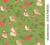 Winter Christmas Seamless  pattern of birds vector illustration