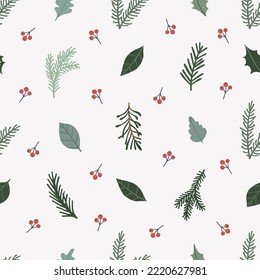 Winter Christmas seamless pattern with botanical flowers, spruce, leaves, berries. Vector illustration in doodle hand drawn flat style for fabric, textile, paper, kids