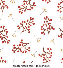 Winter Christmas seamless pattern with branches, red and yellow berries on white background in flat style. Background for fabric, textile, Wallpaper, wrapping paper. Vector stock illustration