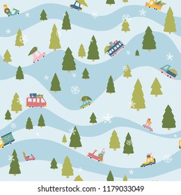 Winter Christmas seamless pattern. Colorful cars in the snow. Vector Flat Hand drawn funny childish cartoon illustration.