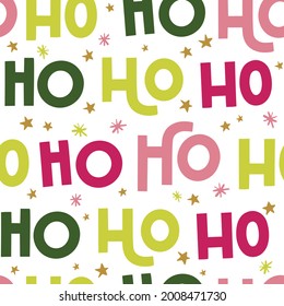 Winter Christmas Seamless Pattern with colorful ho ho ho. Vector design for gift wrap, scrapbooking, wallpaper, home decor, kids clothing, fabric.