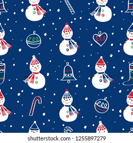 Winter Christmas seamless pattern with cute snowmen for gift wrap, textile, wallpapers and scrapbook. Happy New Year 2019. Doodles, sketch for your design. Vector.