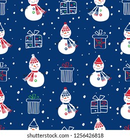 Winter Christmas seamless pattern with cute snowmen for gift wrap, textile, wallpapers and scrapbook. Happy New Year 2019. Doodles, sketch for your design. Vector.