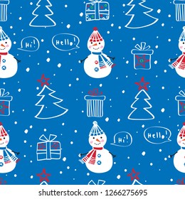 Winter Christmas seamless pattern with cute snowmen and Christmas trees for gift wrap, textile, wallpapers and scrapbook. Happy New Year 2019. Doodles, sketch for your design. Vector.