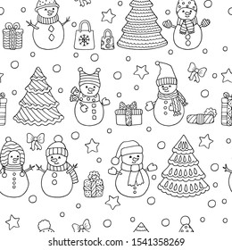 Winter Christmas seamless pattern with cute Doodle snowmen with gifts, coloring page for kids and adults
