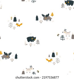 Winter Christmas Seamless Pattern With Cute Forest Animals And Christmas Trees. Vector Naive Hand Drawn Illustration In Simple Scandinavian Style. The Limited Earthy Palette Is Perfect For Textile