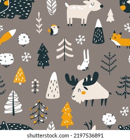 Winter Christmas Seamless Pattern With Cute Forest Animals And Christmas Trees. Vector Naive Hand Drawn Illustration In Simple Scandinavian Style. The Limited Earthy Palette Is Perfect For Textile