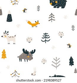 Winter Christmas seamless pattern with cute forest animals and Christmas trees. Vector naive hand drawn illustration in simple scandinavian style. The limited earthy palette is perfect for textile