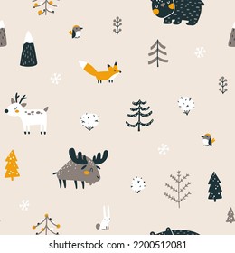 Winter Christmas Seamless Pattern With Cute Forest Animals And Christmas Trees. Vector Naive Hand Drawn Illustration In Simple Scandinavian Style. The Limited Earthy Palette Is Perfect For Textile