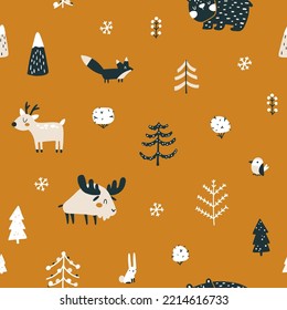 Winter Christmas Seamless Pattern With Cute Forest Animals And Christmas Trees. Vector Naive Hand Drawn Illustration In Simple Scandinavian Style. The Limited Earthy Palette Is Perfect For Textile