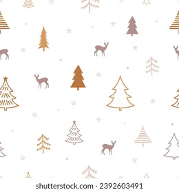 Winter Christmas seamless pattern with cute reindeer and forest. Cartoon animal winter background. For wallpaper, textile, wrapping paper and print design. Vector illustration