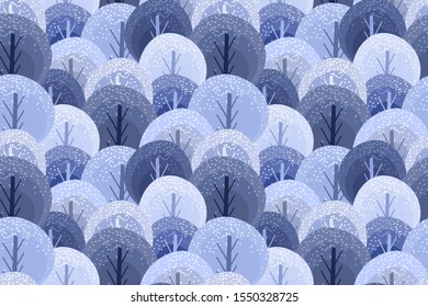Winter Christmas seamless pattern for design packaging, paper, postcard, textiles...The pattern with the snow-covered forest in hand-drawn style, winter trees, bushes. Creative vector design.