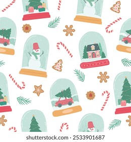 Winter Christmas seamless pattern of different snow globes vector illustration for background and decorations