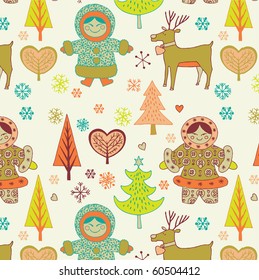 winter christmas seamless pattern with eskimo girls
