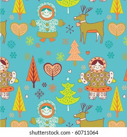 winter christmas seamless pattern with eskimo girls