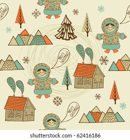 winter christmas seamless pattern with eskimo girls