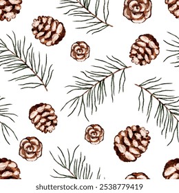 A winter Christmas seamless pattern featuring pine cones and evergreen branches on a white background