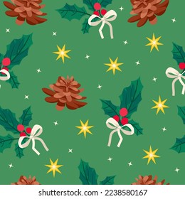 Winter Christmas seamless pattern with fir cone, holly leaves and berries, white bow Festive holiday, Happy New Year background for greeting cards, wrapping papers. Vector flat illustration