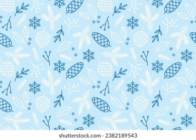winter, christmas seamless pattern with fir tree twigs, cones, snowflakes and plant elements-  vector illustration