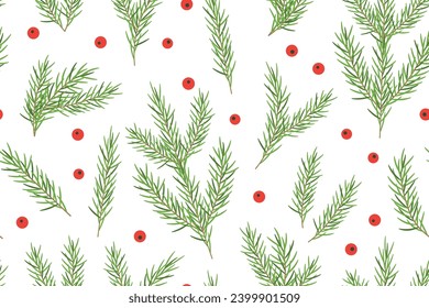 winter, christmas seamless pattern with fir branches and holly berries- vector illustration