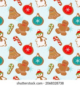 Winter Christmas seamless pattern with gingerbread man and cookies on a light background.  Symbols of a Happy New Year and Christmas. Home decorations, gift wrapping paper, covers, fabrics.