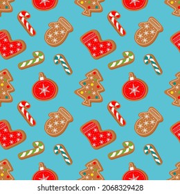 Winter Christmas seamless pattern with gingerbread and cookies on a blue background.  Symbols of a Happy New Year and Christmas. Home decorations, gift wrapping paper, covers, fabrics.