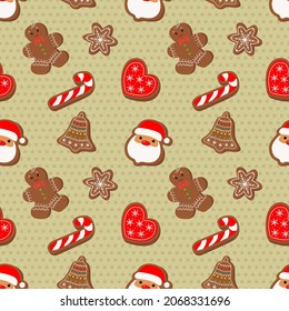 Winter Christmas seamless pattern with gingerbread Santa Claus and cookies on a light background. Symbols of a Happy New Year and Christmas. Home decorations, gift wrapping paper, covers, fabrics.