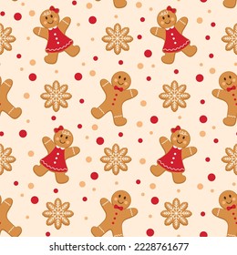 Winter Christmas seamless pattern with Gingerbread man and woman with snowflake cookies. Vector illustration.