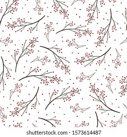 Winter Christmas seamless pattern. Hand drawn branches with berries on white background. Beautiful vector wrapping paper design template.