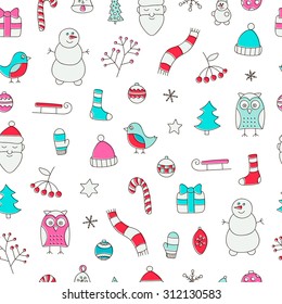 Winter Christmas seamless pattern. Hand drawn doodle winter elements - spruce, owl, snowman, scarf, mittens, socks, star, berries, branch, Santa, Christmas tree balls, sled. Red, pink, blue colors.