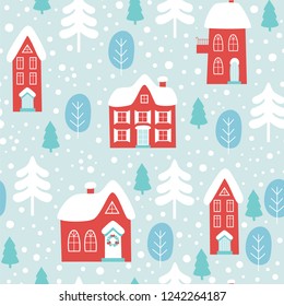 Winter Christmas seamless pattern with houses. Vector illustrations
