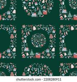 Winter Christmas seamless pattern. New Years decor, christmas symbols and objects on green background. Vector illustration. trend christmas ornament for decor, design, packaging and print