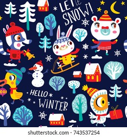 Winter and Christmas seamless pattern on a dark background. Childish vector illustration. It can be used for backgrounds, surface textures, wallpapers, pattern fills.