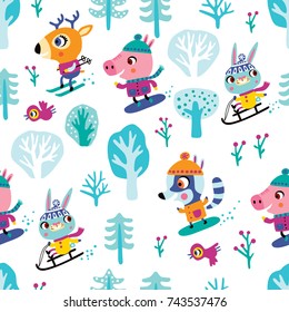 Winter and Christmas seamless pattern on a white background. Childish vector illustration. It can be used for backgrounds, surface textures, wallpapers, pattern fills.