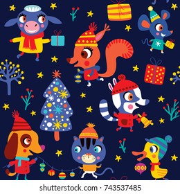 Winter and Christmas seamless pattern on a dark background. Childish vector illustration. It can be used for backgrounds, surface textures, wallpapers, pattern fills.