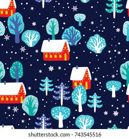 Winter and Christmas seamless pattern on a dark background. Vector illustration. It can be used for backgrounds, surface textures, wallpapers, pattern fills.